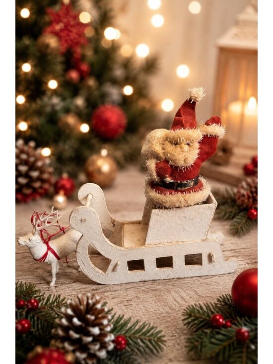 None Other - Vintage MCM Santa Sleigh Reindeer Christmas Decoration Diecut Cardboard Japan